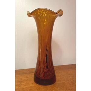 Amber Studio Art Glass Vase, Ruffled Rim, Unattributed Vintage Style 7"